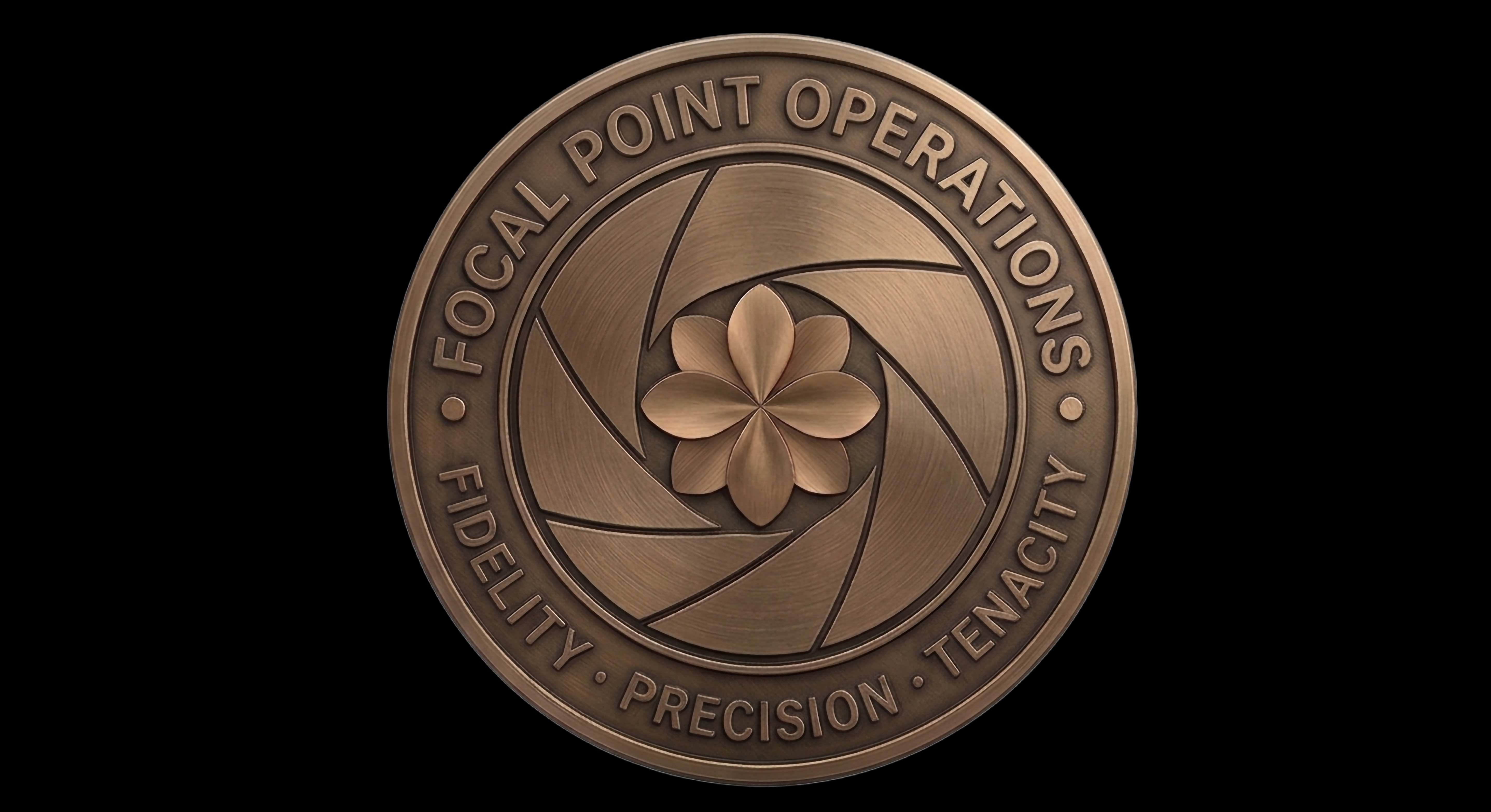 Focal Point Operations company logo - bronze embossed seal with camera aperture design